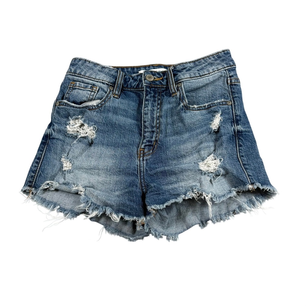 Eunina Women XS Lulu High Rise Cut Off Shortie Blue Distressed Denim Jean Shorts